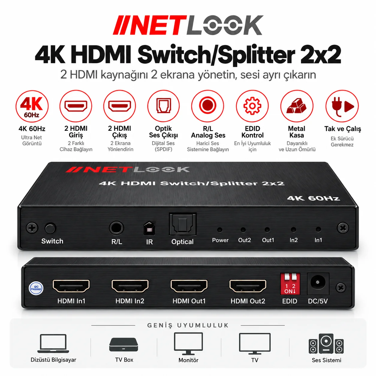 Netlook NTL-4202-4K 4K HDMI Switch/Splitter 2x2 – 4K 60Hz