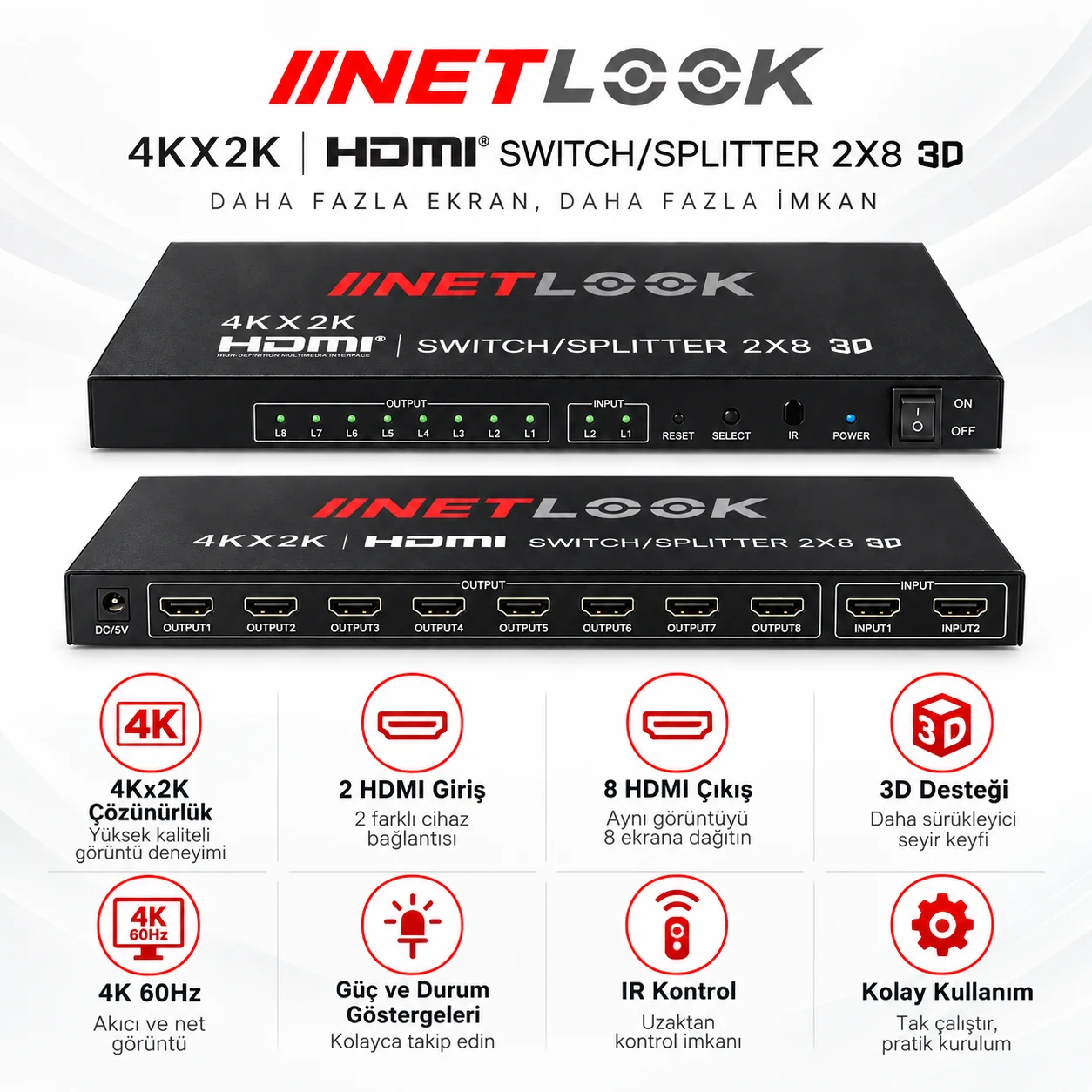 Netlook NTL-4208-4K HDMI Switch/Splitter 2x8 – 4Kx2K / 3D
