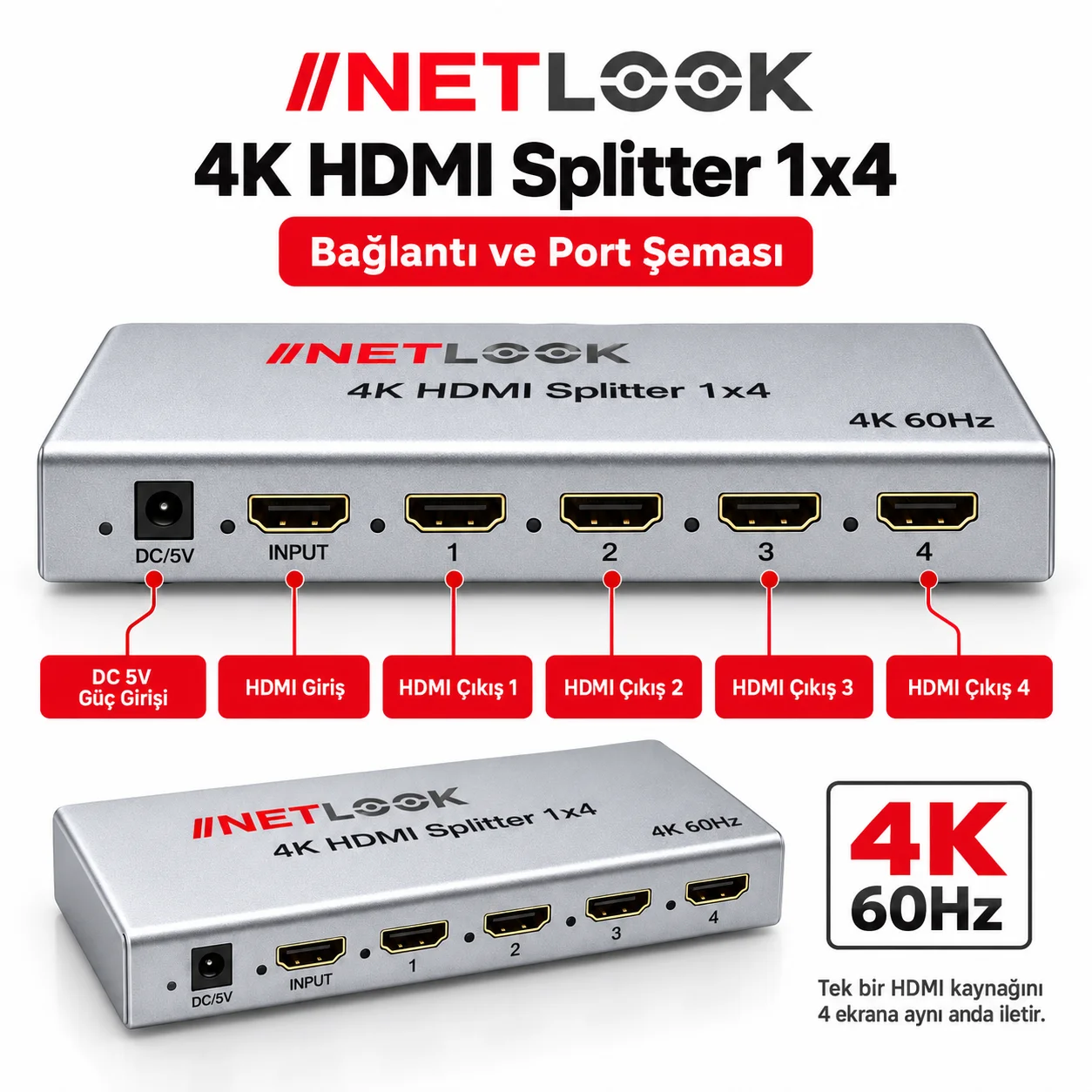Netlook NTL-HDMI4K9404 4K HDMI Splitter 1x4 – 4K 60Hz