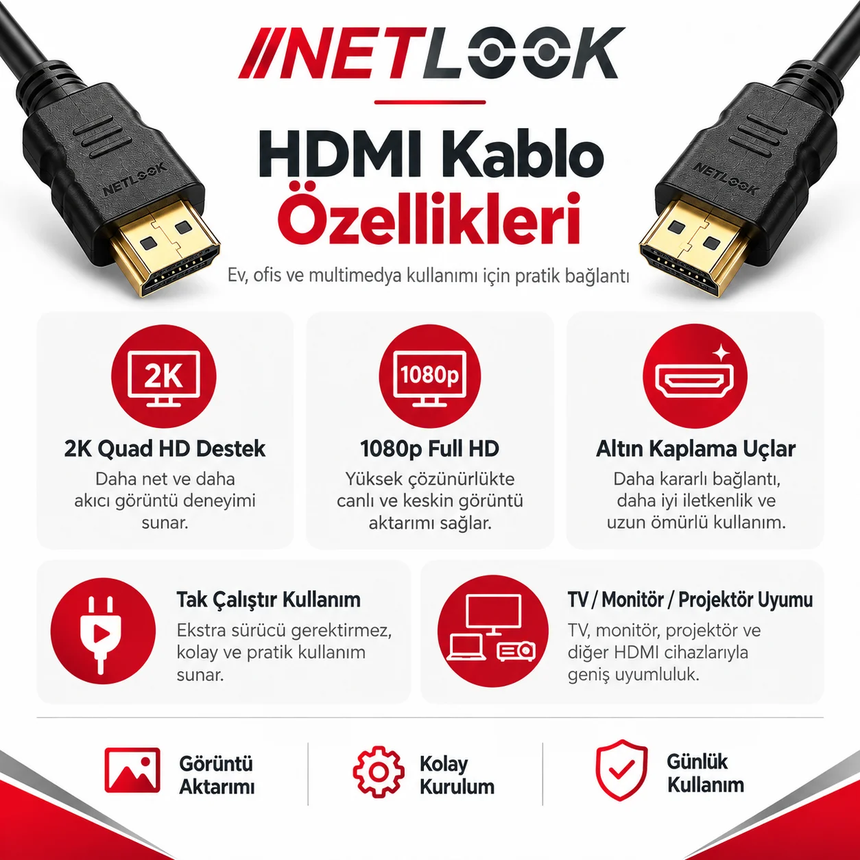 Netlook NTL-HDTV3 2K HDMI Kablo – 3 metre