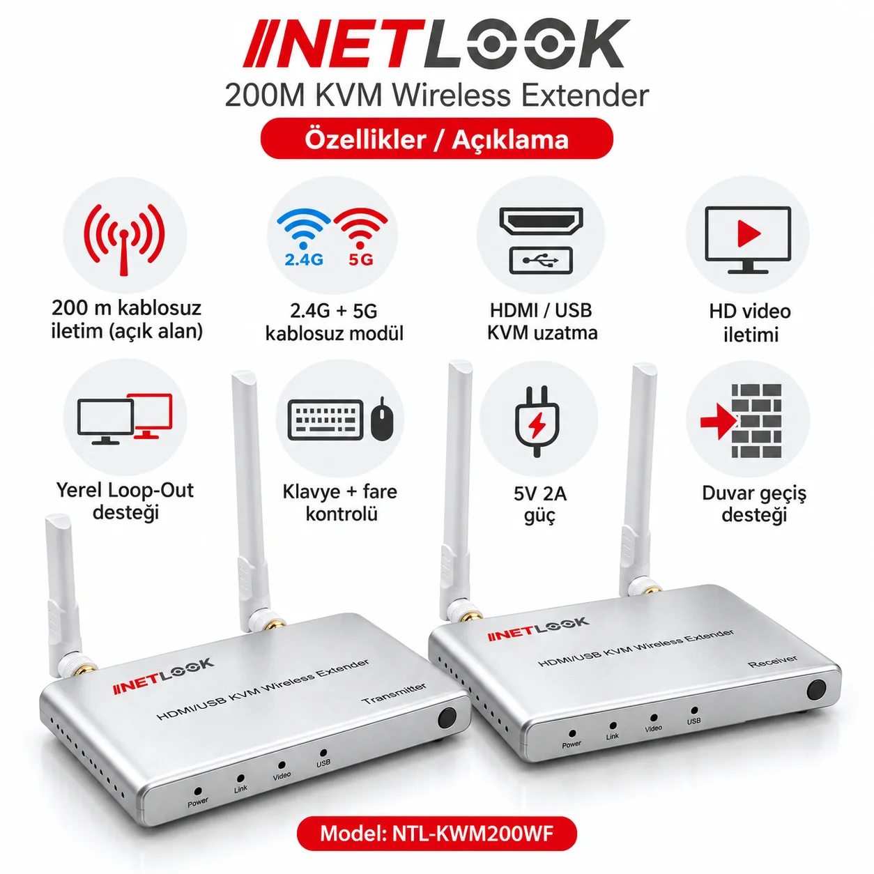 Netlook NTL-KWM200WF 200 m KVM Wireless HDMI Extender